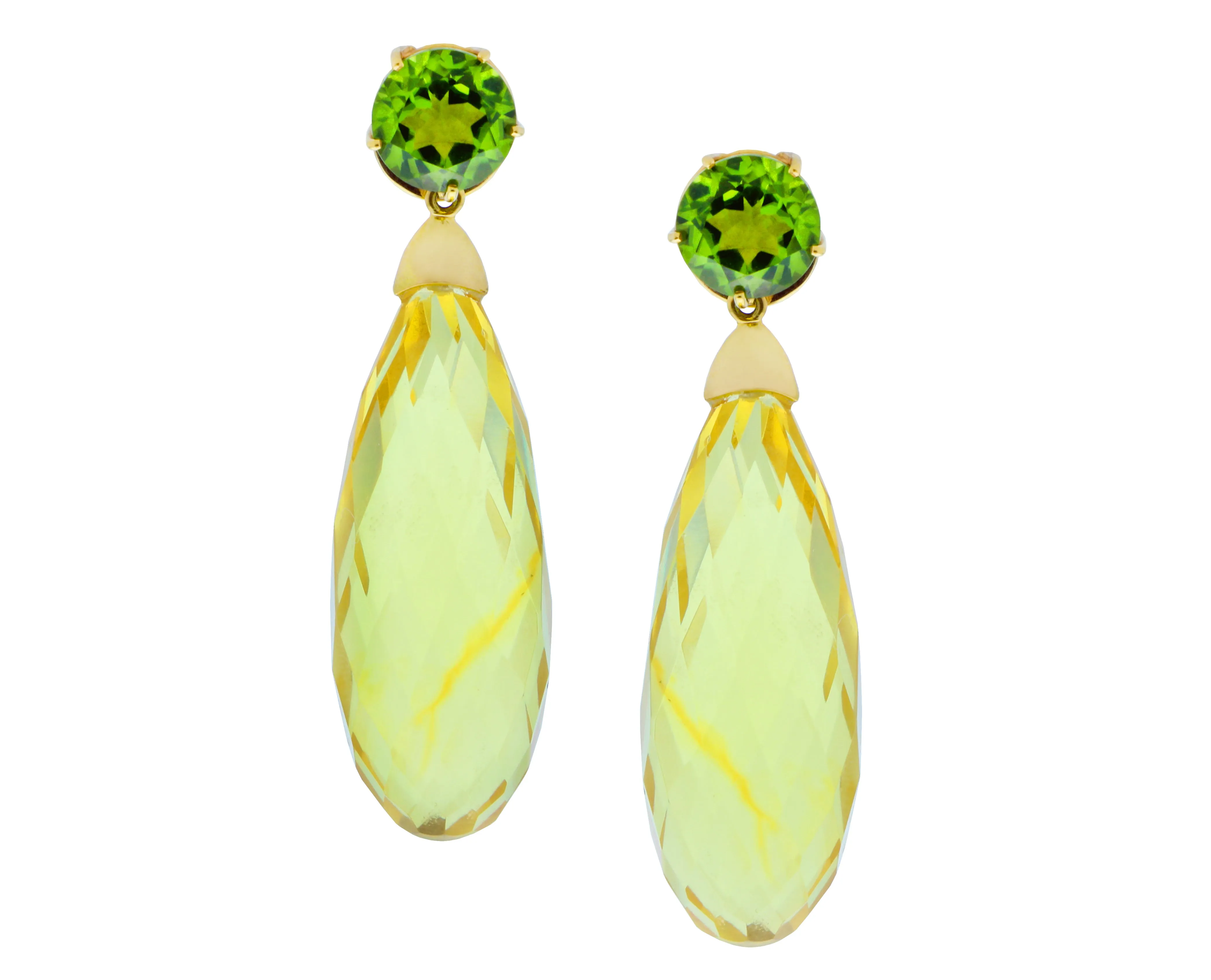 Yellow gold earrings with peridots and amber