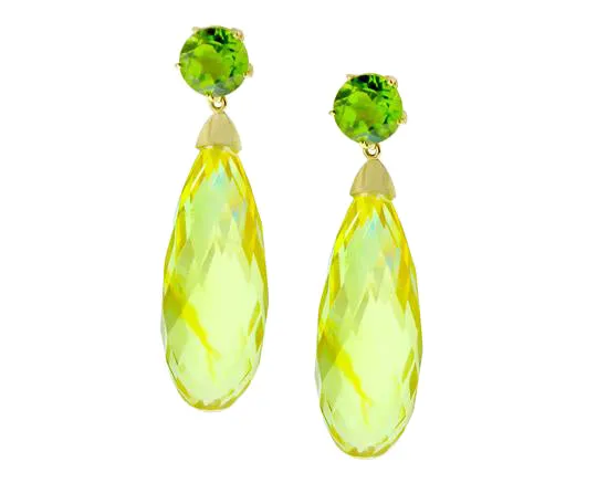 Yellow gold earrings with peridots and amber